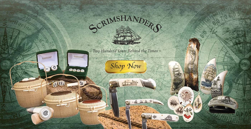 Green background with baskets, knives, and artwork all engraved by a scrimshaw.