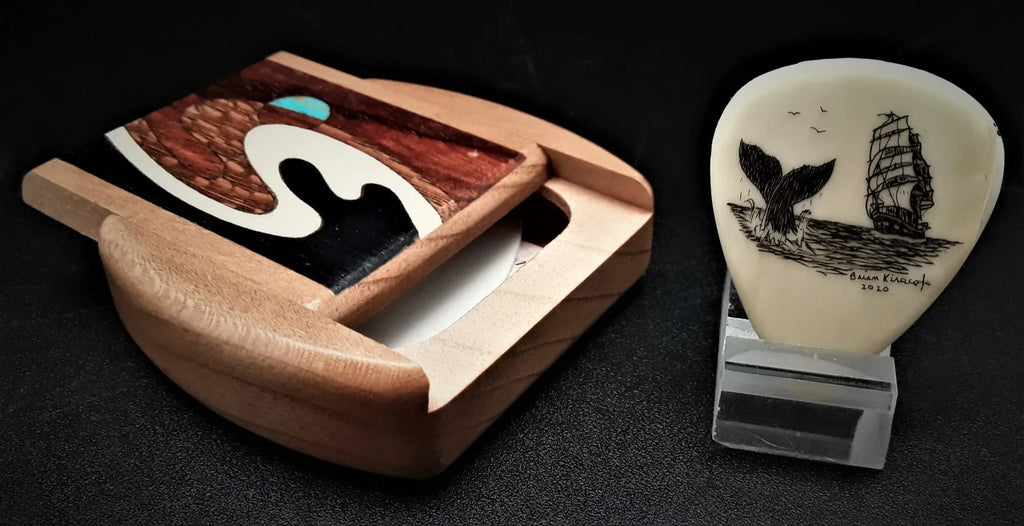 Mammoth Ivory Guitar Pick With Box - Whaling Scene