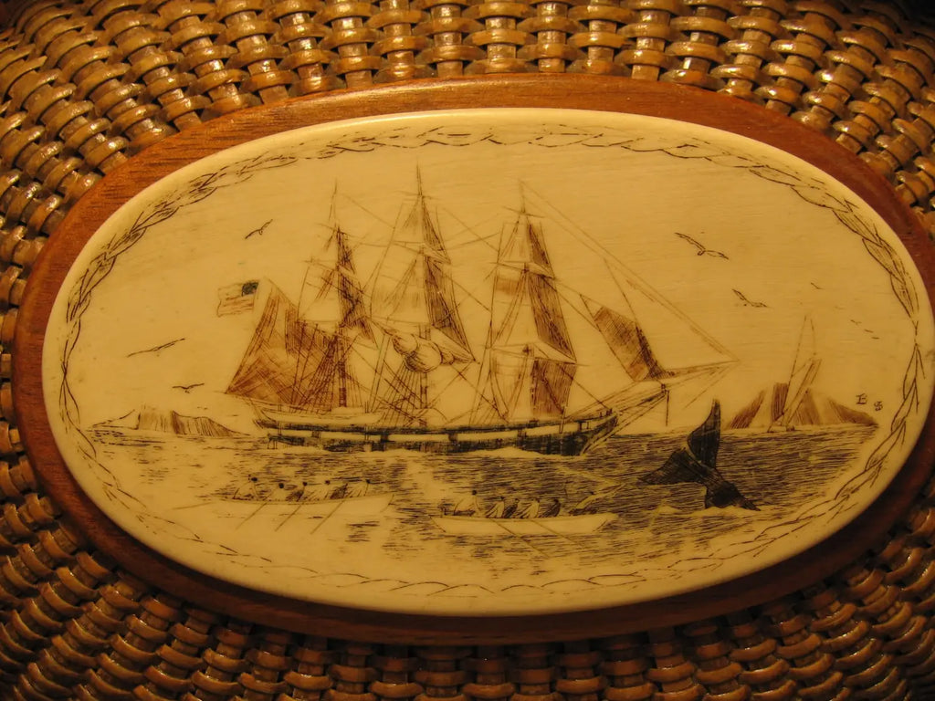 Oval Scrimshaw Artwork Of Sailing Ship From Scrimshaw Restoration Collection.