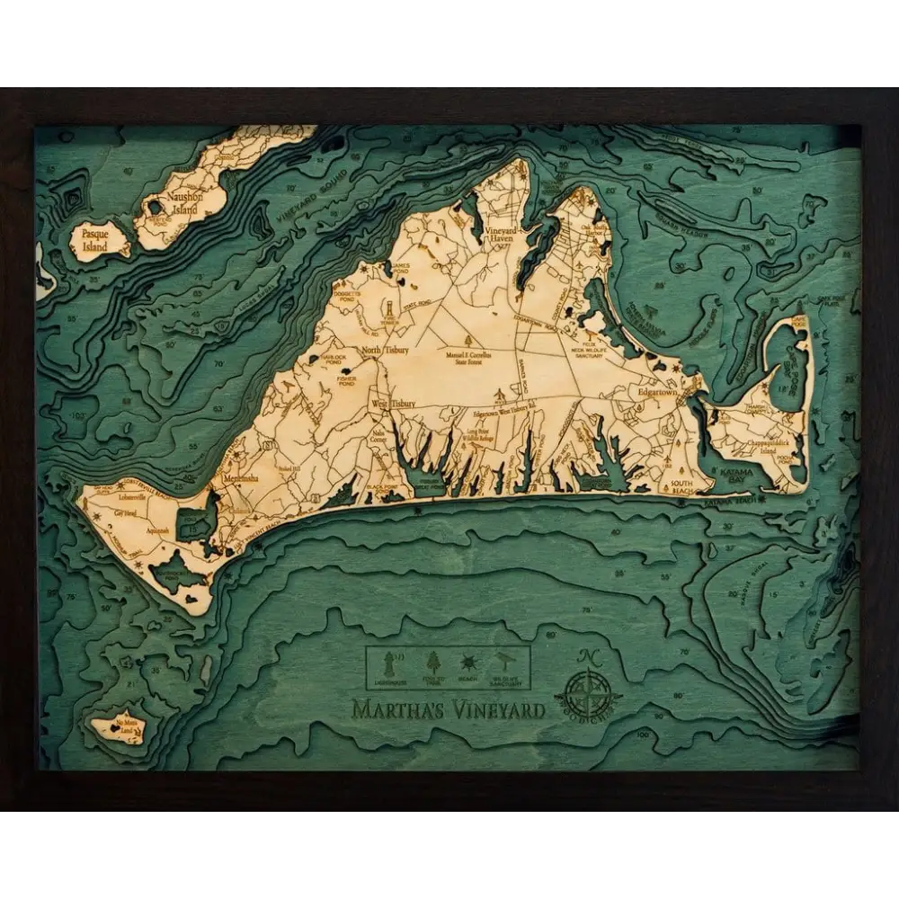 3d Nautical Wood Chart Of Martha’s Vineyard, Ma - Topographical Map With Surrounding Waters