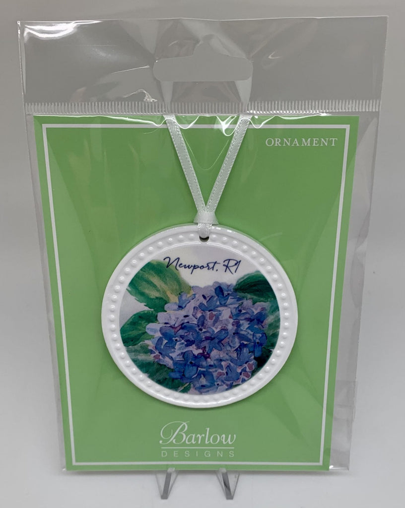 Ceramic Christmas Tree Ornament With Newport Blue Hydrangea Image In Plastic Sleeve