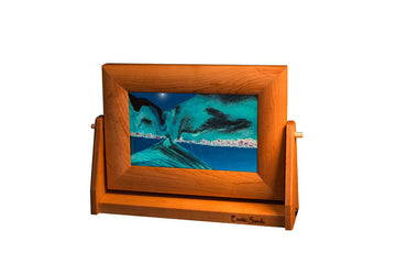 Exotic Sand Art - Ocean Blue, 7’x9’ Frame Showcasing Wooden-framed Beach Scene With Palm Trees