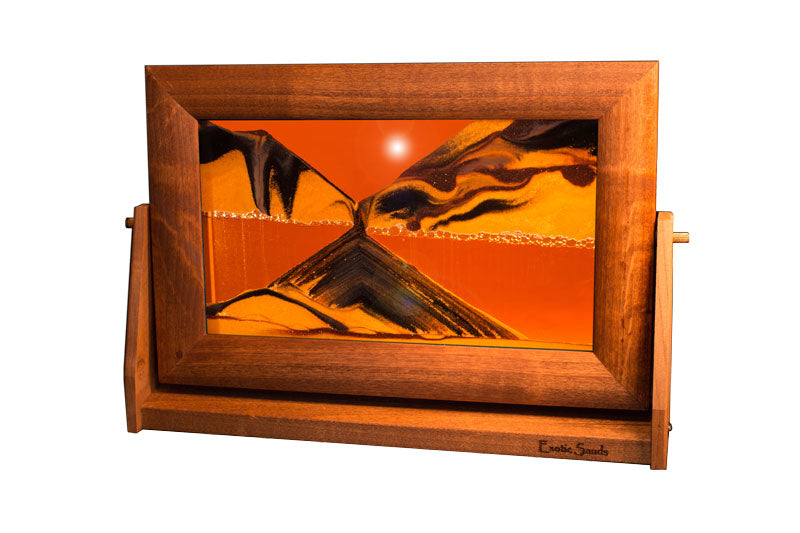 Exotic Sand Art By William Tabar, Sunset Orange In 9’x12’ Wooden Frame, Volcanic Landscape