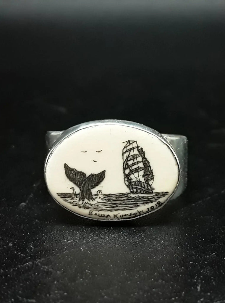 Scrimshaw Rings - Wide Band - Whaling Scene