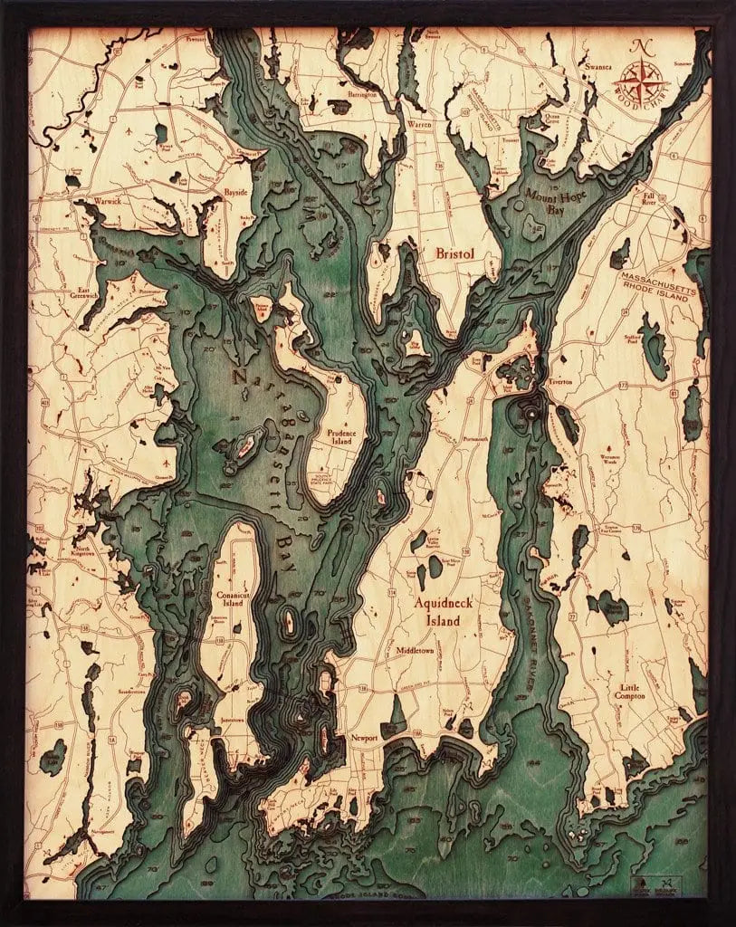 3d Nautical Wood Chart Of Narragansett Bay Ri - Large - Dark
