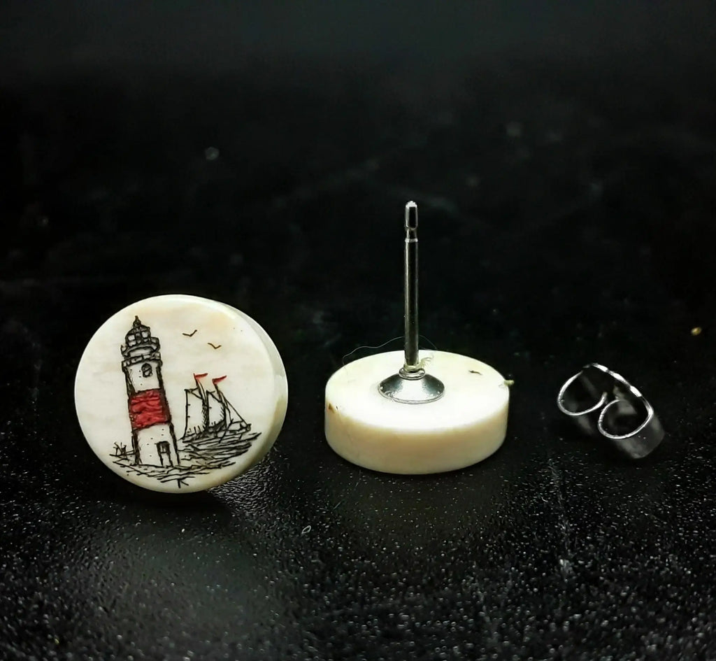 Scrimshaw Earrings - Mammoth Ivory - Lighthouse / Round