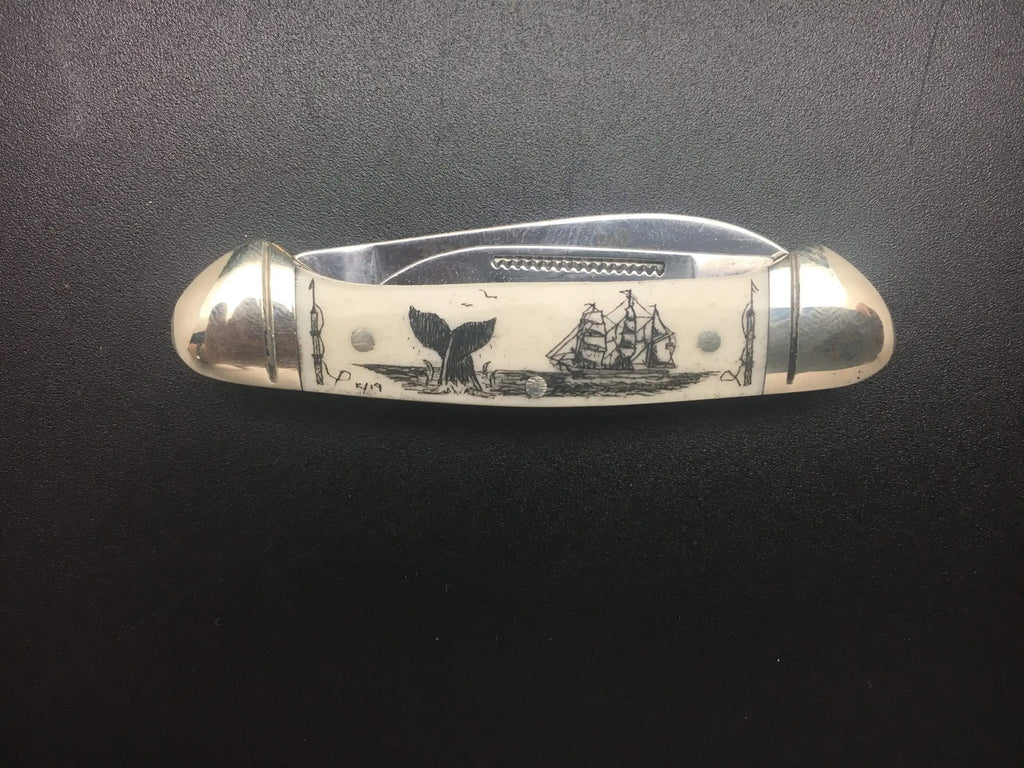 Mini Canoe Rough Rider Pocket Knife W/scrimshaw - Whale Tail