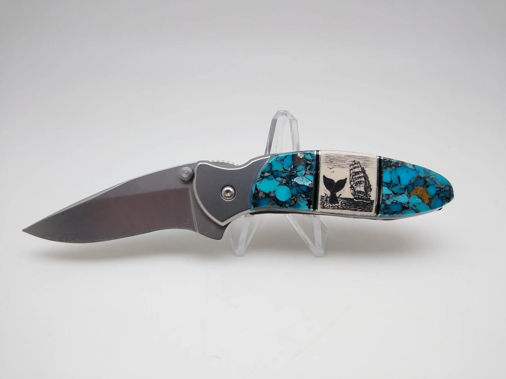 Kershaw Pocket Knife - Mammoth Ivory Scrimshaw - Turquoise &