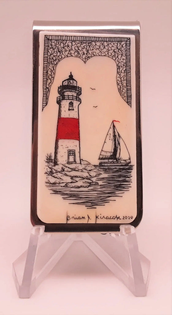 Money Clips - Piano Key Ivory W/scrimshaw - Red Lighthouse /