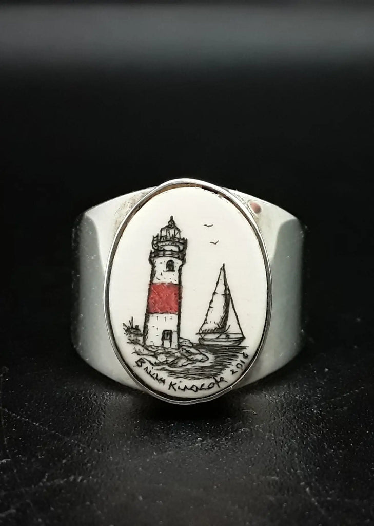 Scrimshaw Rings - Extra Wide Band - Lighthouse