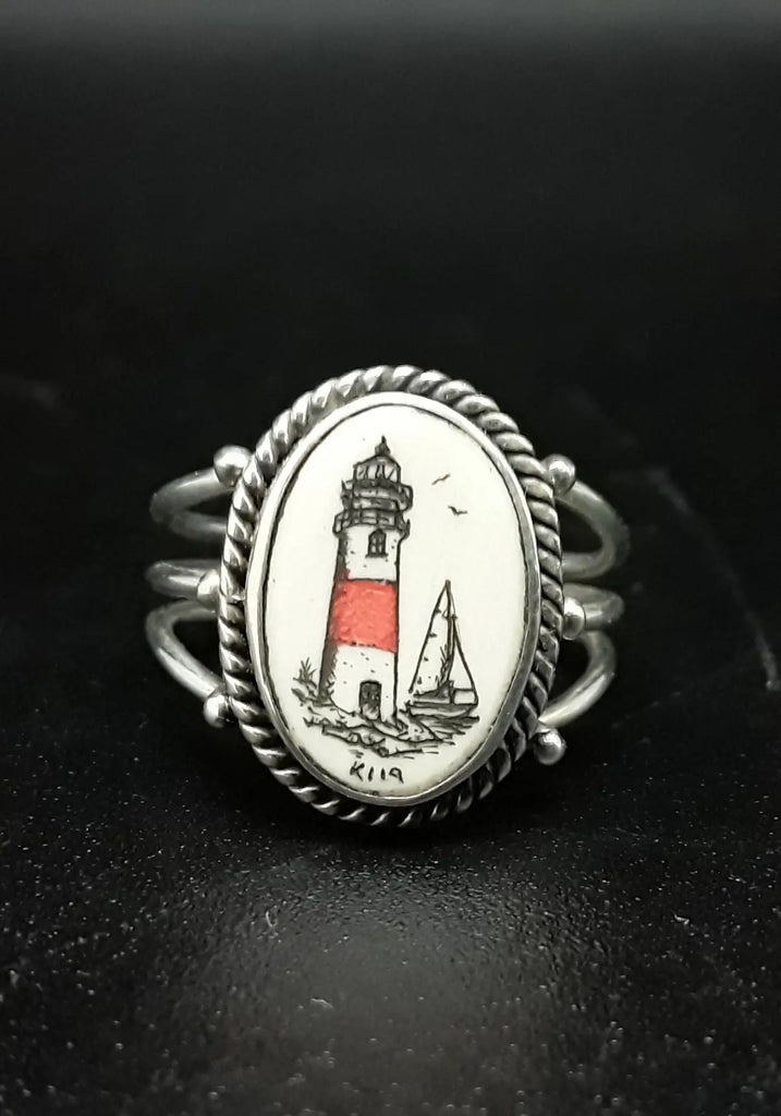 Scrimshaw Rings - 3 Prong Band - Lighthouse