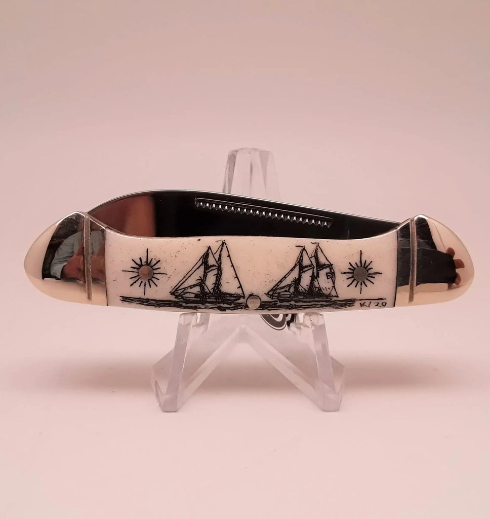Mini Canoe Rough Rider Pocket Knife W/scrimshaw - Ships