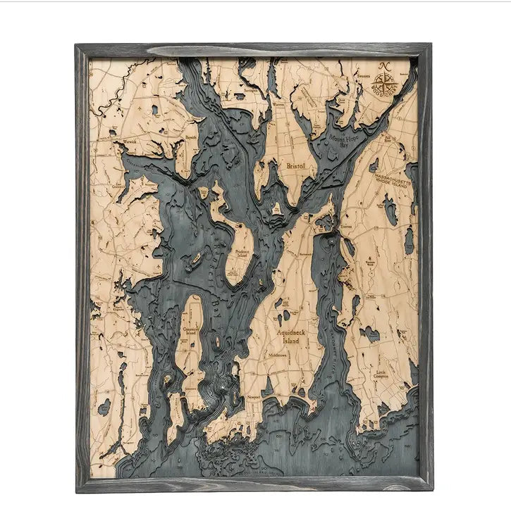 3d Nautical Wood Chart Of Narragansett Bay Ri - Large - Grey